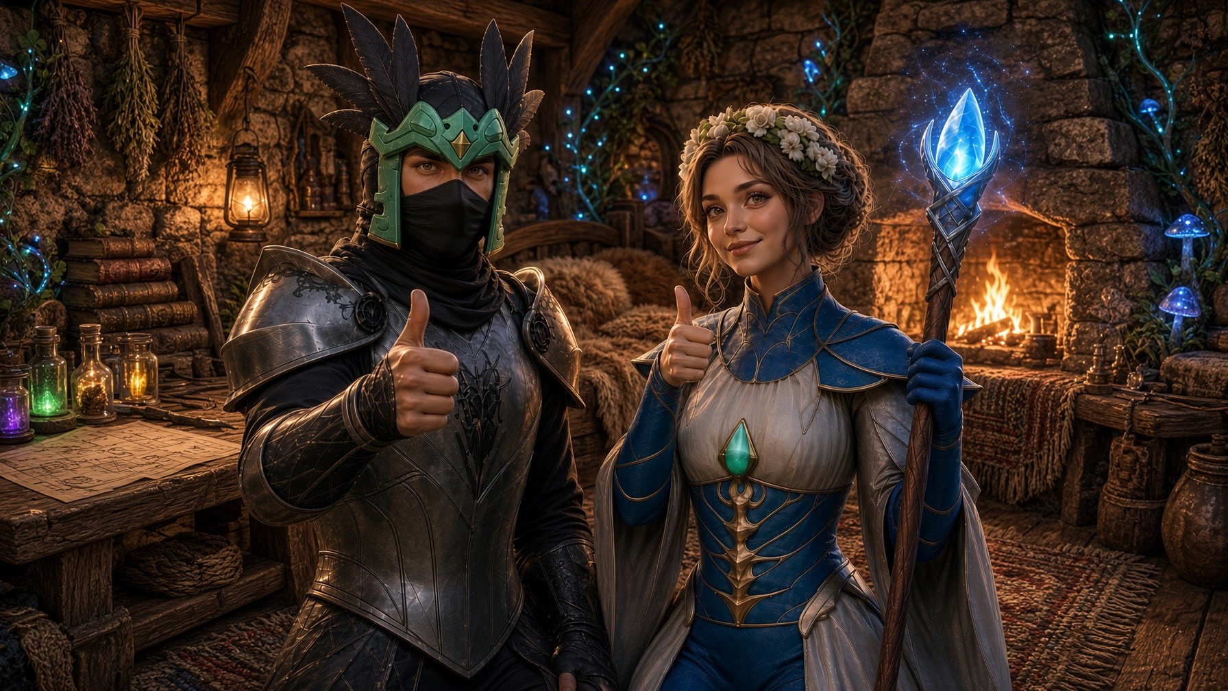 Two fantasy adventurers give a thumbs-up beside a glowing fireplace.