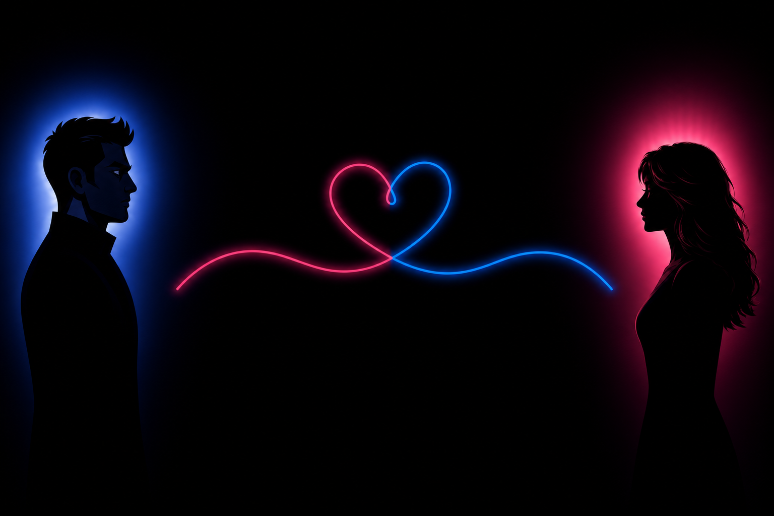 Widely separated silhouettes in blue and pink light, joined by a glowing heart.