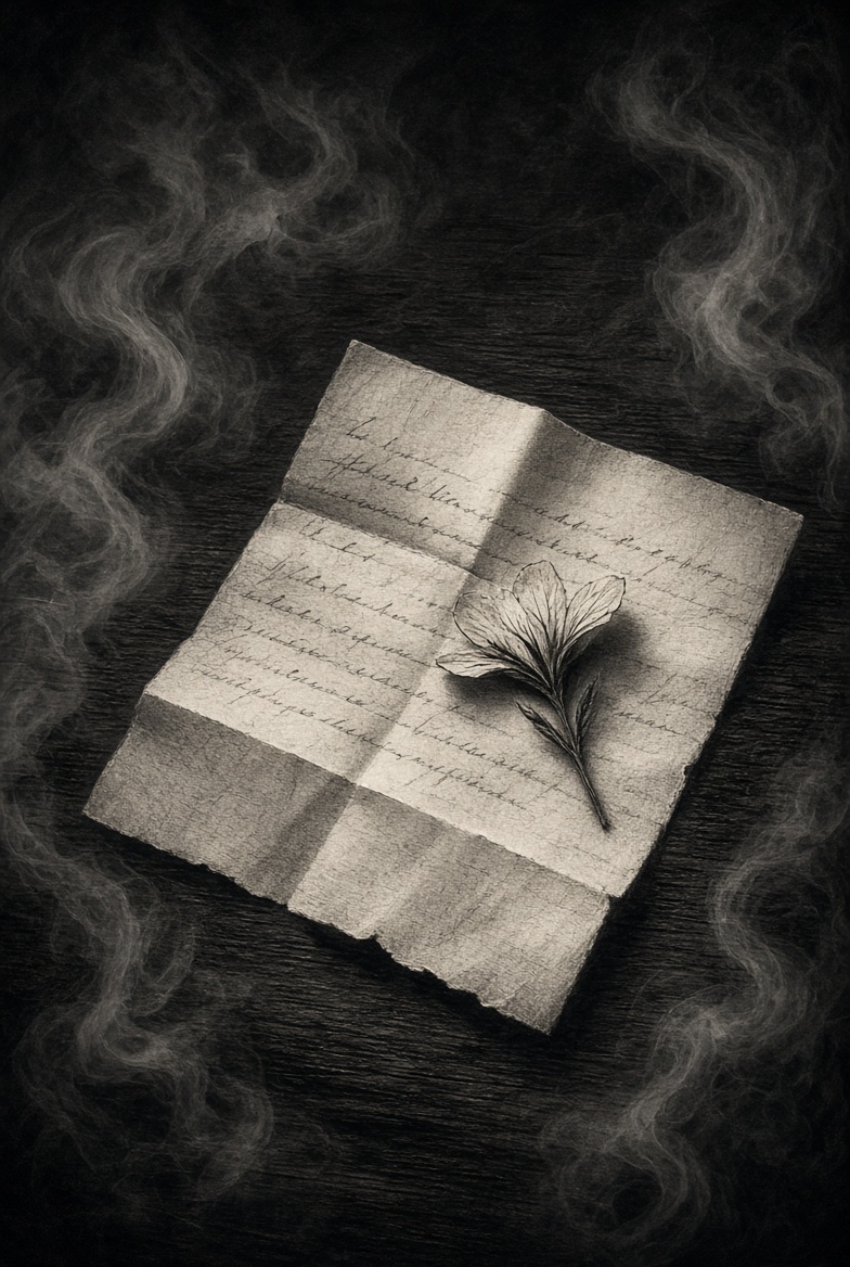 A folded letter and a pressed flower