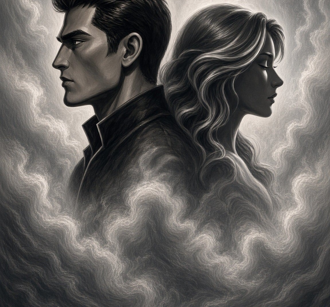 His and Hers in profile, back to back in mist